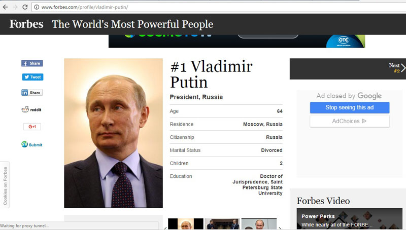 Forbes: Ισχυρότερος άνδρας του πλανήτη ο Πούτιν