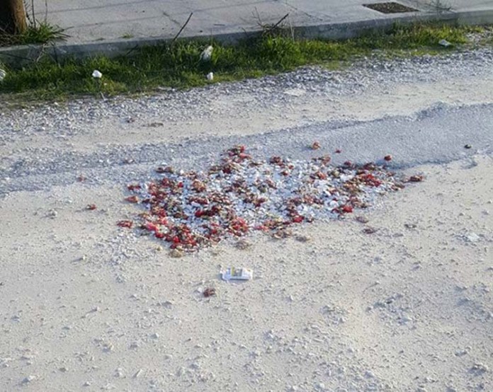 Λάρισα:  «Μπάλωσαν» λακκούβες σε δρόμο με… σπασμένα πιάτα και γαρύφαλλα από μπουζουξίδικο! (Photos)