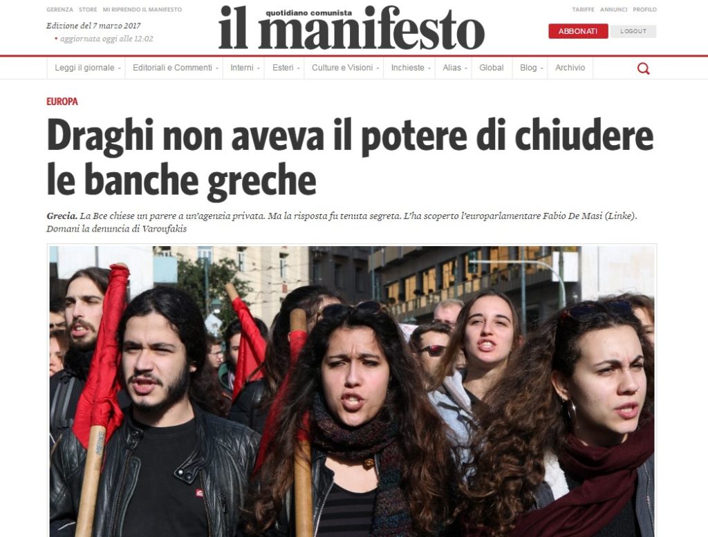 Η «Il Manifesto» επιτίθεται στον Ντράγκι: «Δεν είχε δικαίωμα να κλείσει τις ελληνικές τράπεζες»