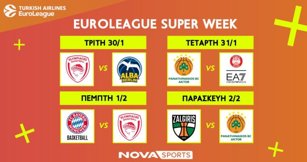 Nova: EuroLeague με «διαβολοβδομάδα»…Νο7 και τις «μάχες» Ολυμπιακού & Παναθηναϊκού AKTOR