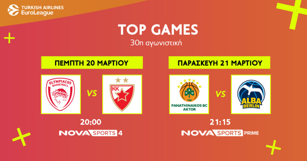 EuroLeague: Ολυμπιακός – Ερυθρός Αστέρας και Παναθηναϊκός AKTOR – Άλμπα Βερολίνου στο Novasports