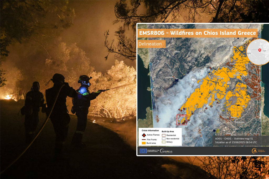 Ενεργοποίηση Copernicus για τη Χίο: Δορυφορικές εικόνες σοκ από την πύρινη λαίλαπα